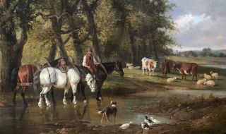 Horses in a Landscape Antique Oil Painting John Frederick Herring (1820–1907) 3