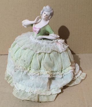 Antique Vintage Doll Pincushion Germany Porcelain Figurine Victorian Lady
