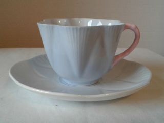 Vintage Shelly Fine Bone China Blue Dainty Tea Cup & Saucer With Pink Handle