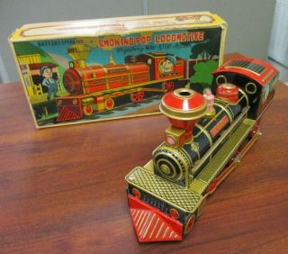 Vintage San Amico Tin Litho Battery Operated Smoking Pop Locomotive & Box