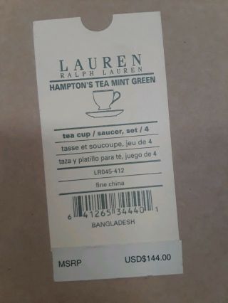 Ralph Lauren Cup & Saucer Hampton ' s Green Gold Rimmed SET OF 4 2