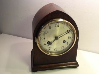 Vintage Gothic Style Oak Cased Twin Train Mantel Clock,  Silvered Numerical Dial
