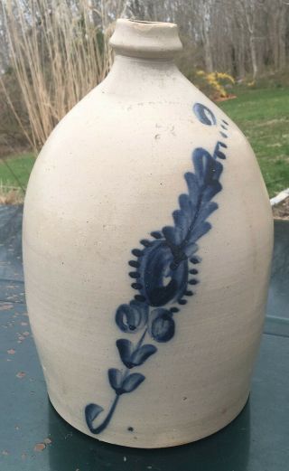 Early American 19th C Cobalt Floral Deco 3 Gal Salt Glazed Jug Boswell,  Hartford