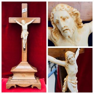 Ivory Color Antique Louis Xvi Altar Crucifix France Jesus Carved Relic Reliquary