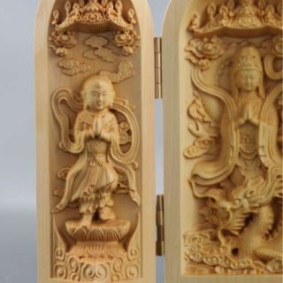 Chinese Hand - carved Wooden Buddha Three Qpen b02 2