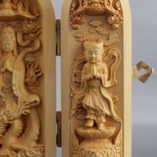 Chinese Hand - carved Wooden Buddha Three Qpen b02 4