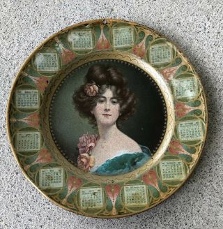 Antique Vienna Art Tin Litho Plate Victorian Woman 1910 Calendar Plate