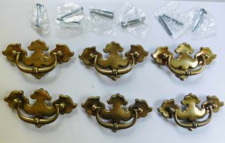 6 Vintage Chippendale Keeler Brass Drawer Cabinet Pulls Bail Bat Wings 4 3/4 "