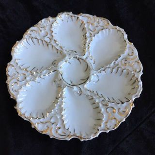 Vintage Made In Germany Oyster Plate 6 Wells White And Gold 81/4 " W