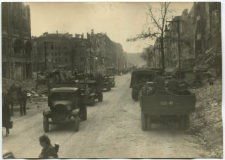 Wwii Large Size Press Photo: Russian Army Trucks At Ruined Berlin Street,  1945