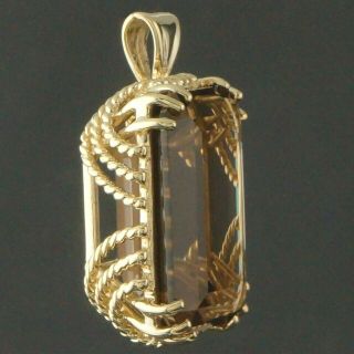 Large,  Solid 14k Yellow Gold Etruscan Rope & 24 Ct.  Smokey Quartz Estate Pendant