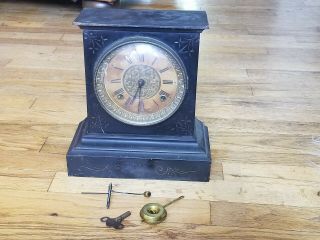 Vtg Antique Ansonia Black Enameled Cast Iron Porcelain Face Mantel Clock W/ Key
