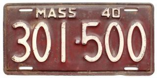 Massachusetts 1940 License Plate,  301 - 500,  Antique,  Garage Sign