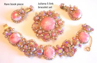 D&e Juliana Vintage Pink Marbled Rhinestone Bracelet Brooch Earrings Set Bk Pc