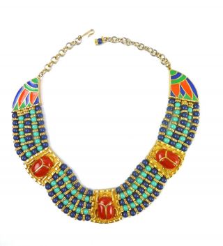 Necklace Egyptian Revival Hattie Carnegie Enamel Bead Bib Scarabs Signed Vintage