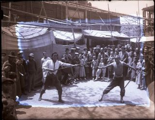 1900s Chinese Men Fighting With Ancient Weapons China Glass Negative Photo