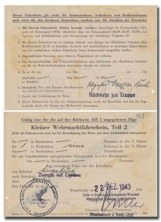 V2 Rocket Kdo " Wachtel " Zempin Usedom Vintage Trainticket 1943 - 4h15