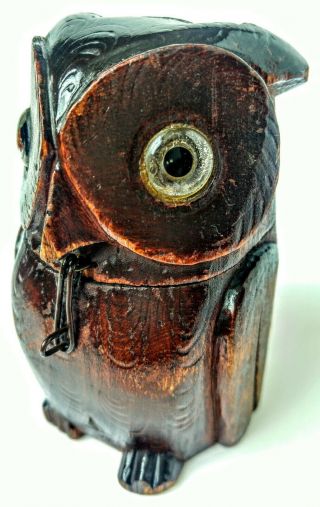 Vintage Charming Black Forest Owl Money Box Glass Eyes,  Highly Detailed & Hinged