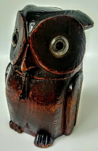 VINTAGE CHARMING BLACK FOREST OWL MONEY BOX GLASS EYES,  HIGHLY DETAILED & HINGED 2