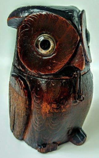 VINTAGE CHARMING BLACK FOREST OWL MONEY BOX GLASS EYES,  HIGHLY DETAILED & HINGED 8