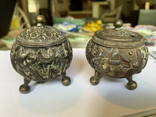 Very Old Silver Persian Salt And Pepper Very Ornate With Ancient Syrian Images