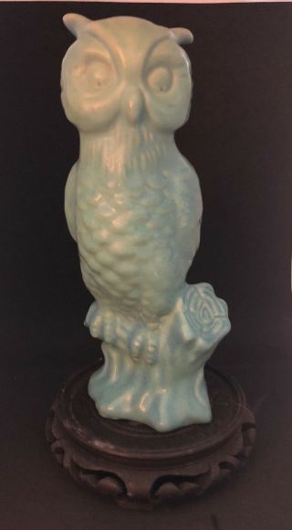 Van Briggle Pottery Large Owl Statue Green W/blue Accents