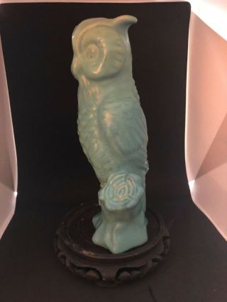 Van Briggle Pottery Large OWL Statue Green w/Blue accents 3