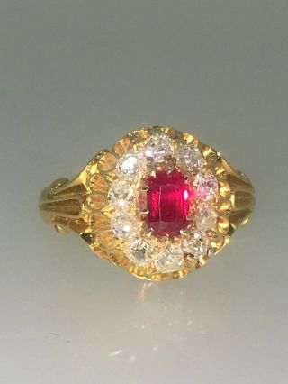 An Antique Victorian C1880 Ruby & Diamond Handmade Cluster Ring,