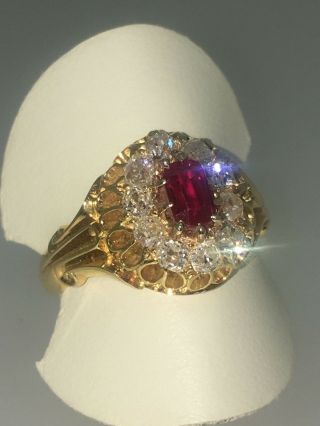An Antique Victorian c1880 Ruby & Diamond Handmade Cluster Ring, 2