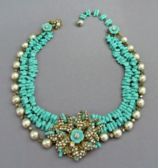 3d Rare Vintage Miriam Haskell Powder Blue Flower Rhinestone Pearl Necklace