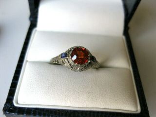 Antique 18k White Gold Filigree Ring: " Padparadsha ",  Blue Sapphires &diamonds,  Deco