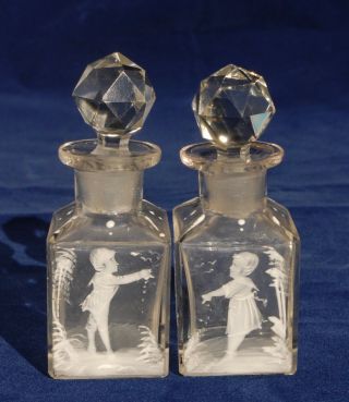 Antique Mary Gregory Glass Scent Bottles/smelling Salts - Boy & Girl