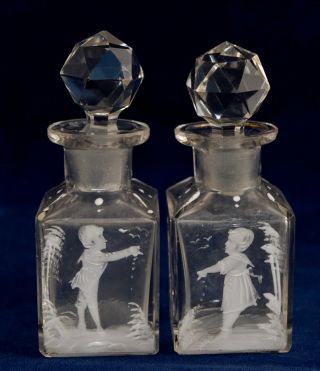 Antique Mary Gregory Glass Scent Bottles/Smelling Salts - Boy & Girl 2