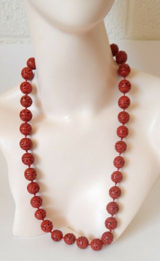 Vintage Chinese Knotted & Carved Floral Cinnabar Necklace 3