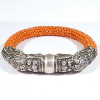 Antique Chinese Double Dragon Ornate Silver Coral Chinese Bracelet