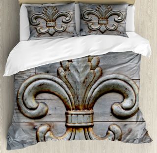 Fleur De Lis Duvet Cover Set With Pillow Shams Ancient Sign Wood Print