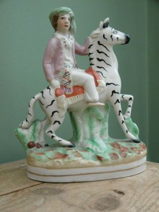 Mid 19thc Staffordshire Zebra With Bare - Footed Male On Back C.  1860 