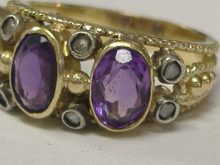Large 18 K Gold Ancient Rose Cut Diamonds And Amethyst Ring Size 7