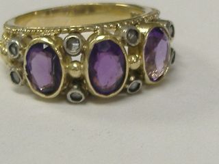 LARGE 18 K GOLD ANCIENT ROSE CUT DIAMONDS AND AMETHYST RING SIZE 7 3