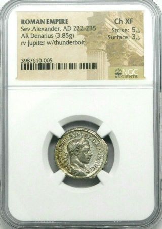 NGC Ch XF 5/5 - 3/5.  Severus Alexander AD 222 - 235.  Ancient Roman Silver Denarius 2