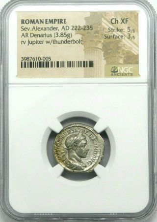 NGC Ch XF 5/5 - 3/5.  Severus Alexander AD 222 - 235.  Ancient Roman Silver Denarius 7