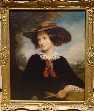 Large 19th Century English Girl Portrait Corn Field Antique Oil Painting