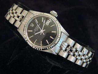 Vintage Rolex Date Ladies Stainless Steel & 18k White Gold Watch Black Dial 6517