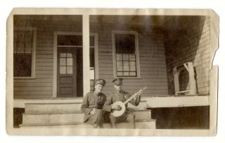 Wwi U.  S.  Army Soldiers Sit On Porch Playing A Banjo,  Photo,  C.  1918