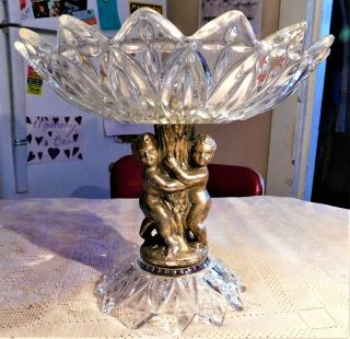 Antique Cut Crystal Glass Centerpiece Compote Dish W/ Metal Pedestal Cherubs