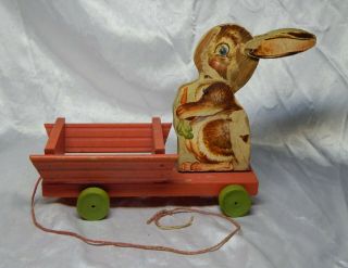 Vintage 1949 Fisher Price 502 Wood Rabbit w/ Wagon/Cart 40 ' s HTF 2