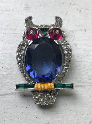 Vintage Crown Trifari Enameled Sapphire Jelly Belly Owl Pin By Alfred Philippe