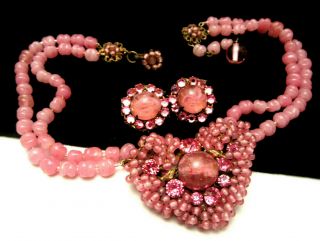 Ultra Rare Vintage Signed Miriam Haskell Pink Glass Necklace & Earring Set A33