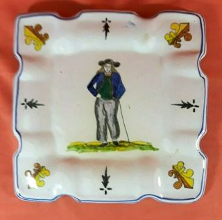 Antique Quimper Hand - Painted Square Porcelain Wall Plaque Fleur De Lis