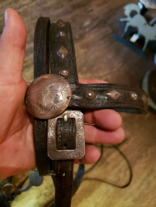 Antique Tooled Leather Old Cowboy Bohlin Silver Headstall Engraved Bit & Buckle